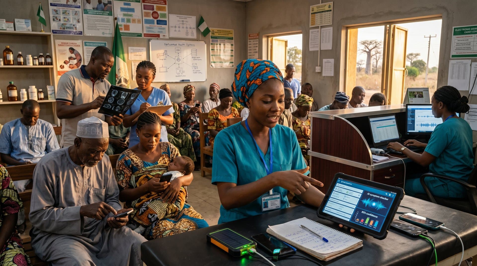Nigerian rural clinic with AI doctors Africa tools, solar power, fintech payments amid tech innovation