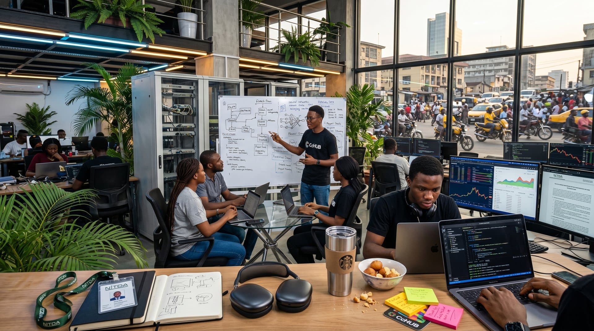 Nigerian developers at Lagos tech hub collaborate on AI code amid power challenges and innovation visuals