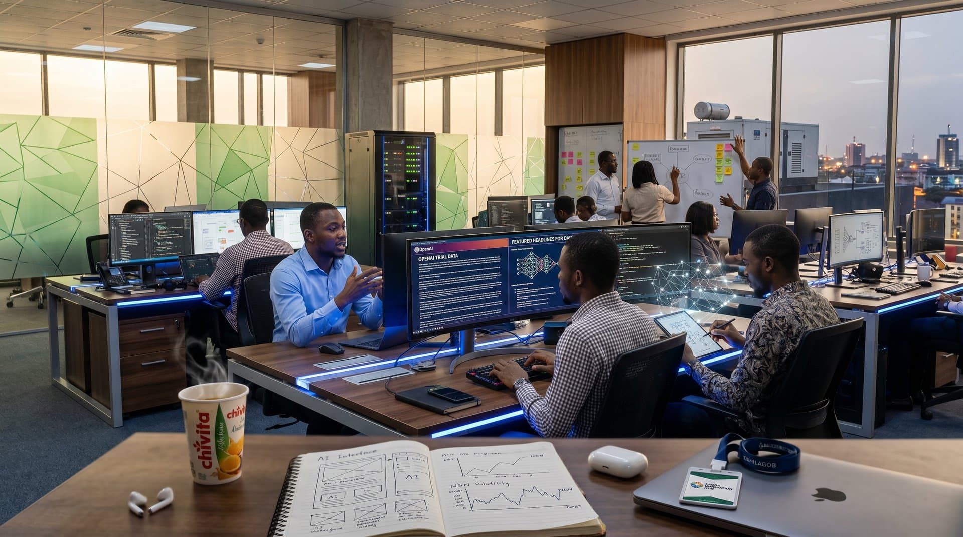 Lagos fintech office screens showing OpenAI trial updates, neural networks, server racks, and city skyline with generators