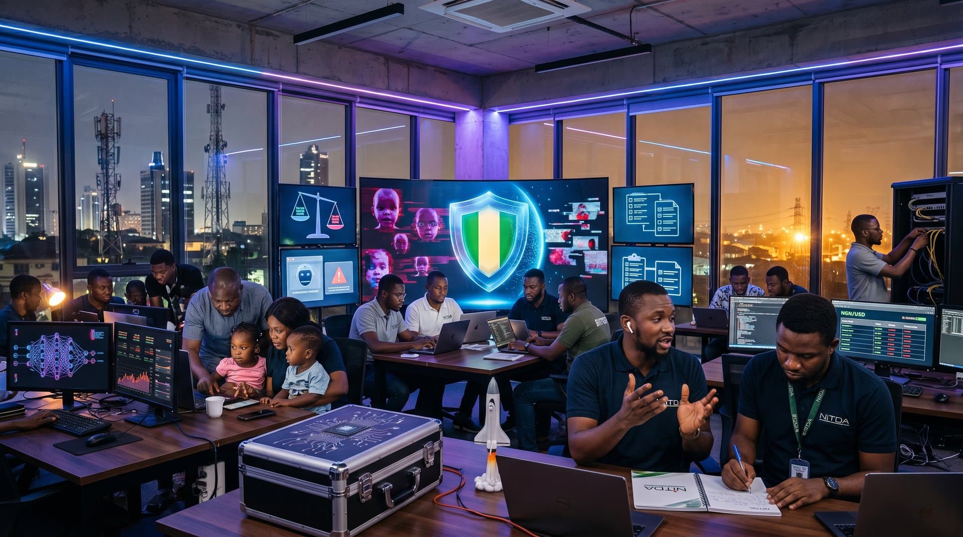 Abstract shield protects family, worker, and startup icons from AI deepfakes and bias in Lagos skyline.