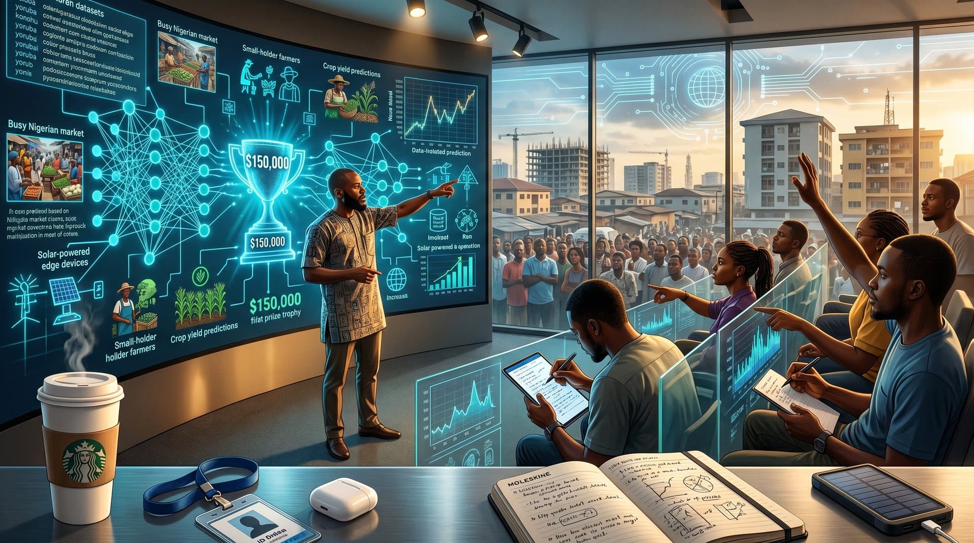 Abstract ethical AI visualization with neural networks, African tech icons, and $150K prize trophy in cyberpunk style