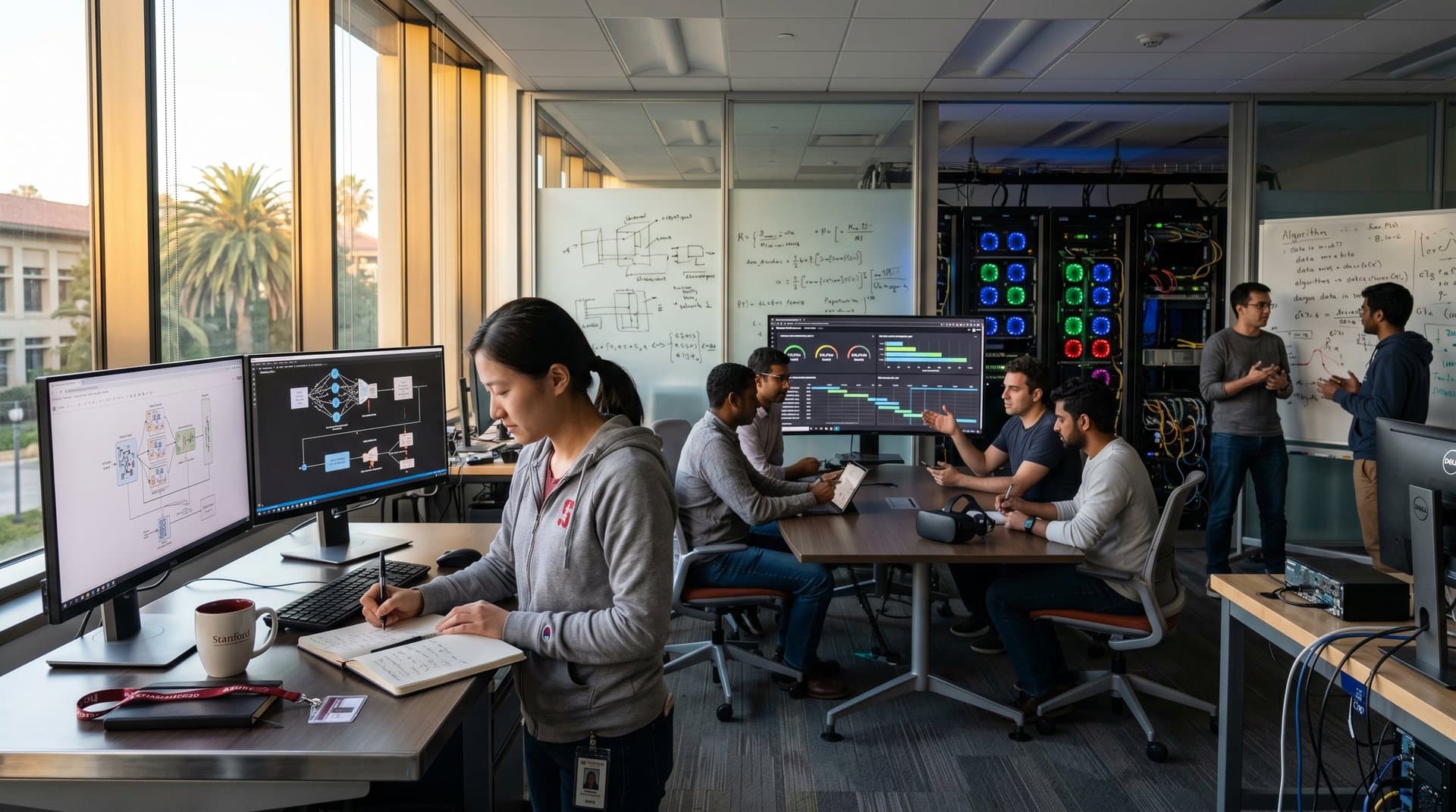 Stanford AI lab with monitors showing neural networks, data visualizations, server racks, and collaborative spaces on campus