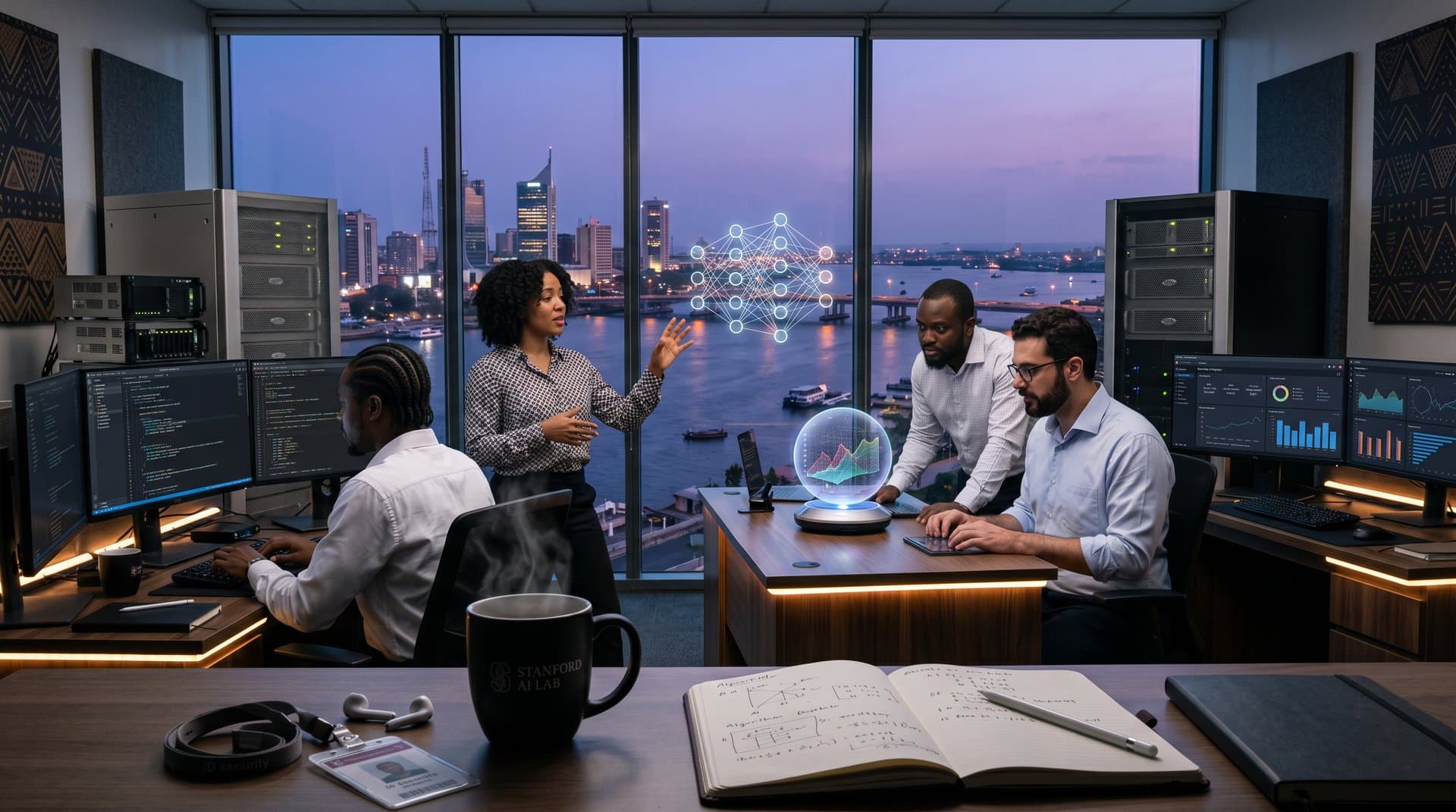 Abstract Stanford AI lab with holographic projections, multi-monitors, server racks, and African cityscape view