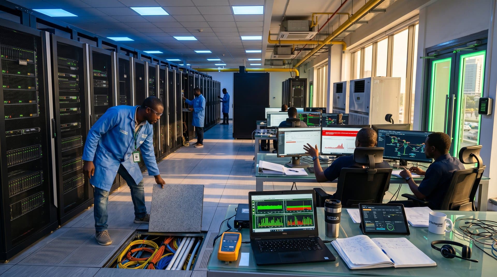 Engineers inspecting cables and monitoring cyber dashboards in Lagos Tier IV data center amid server racks