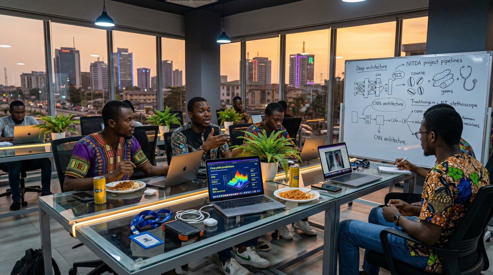Nigerian AI developers collaborate in Lagos co-working space on agritech models amid city views and solar tech