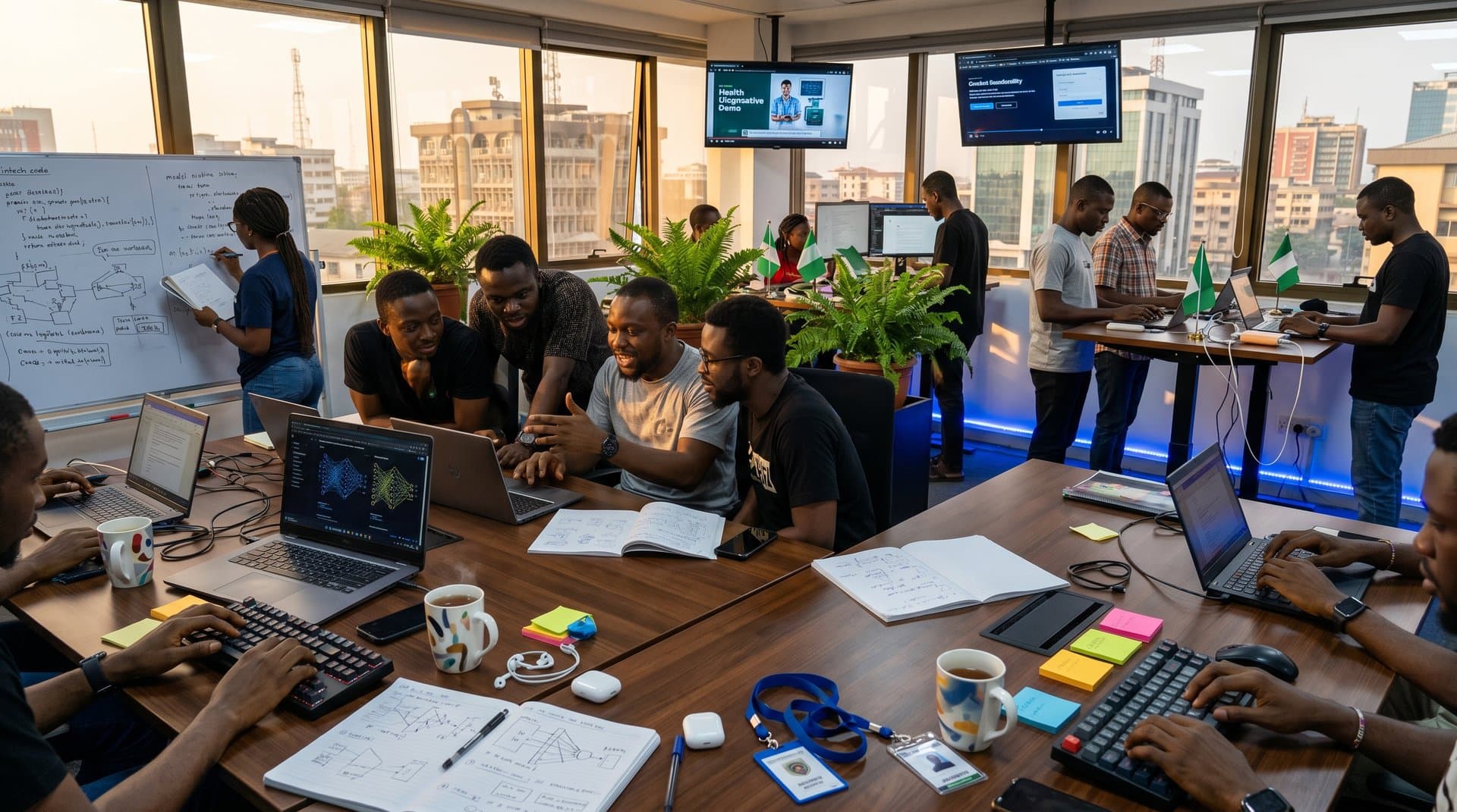 Nigerian developers in Lagos tech hub collaborating on AI projects with laptops showing neural networks and fintech apps amid urban innovation space