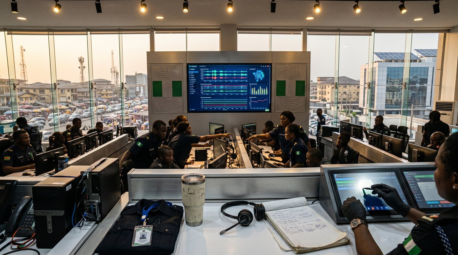 Holographic Anoka County AI dispatcher interface in Lagos control room securing public safety amid urban skyline and cyber threats