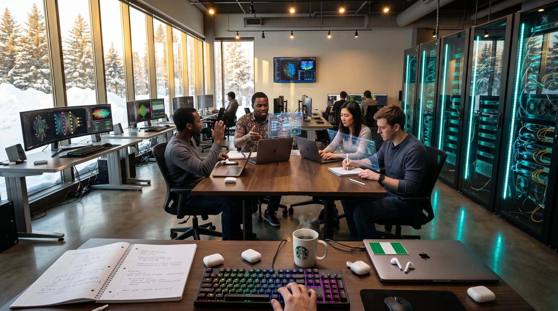 University AI lab with neural network screens and server racks in innovative workspace