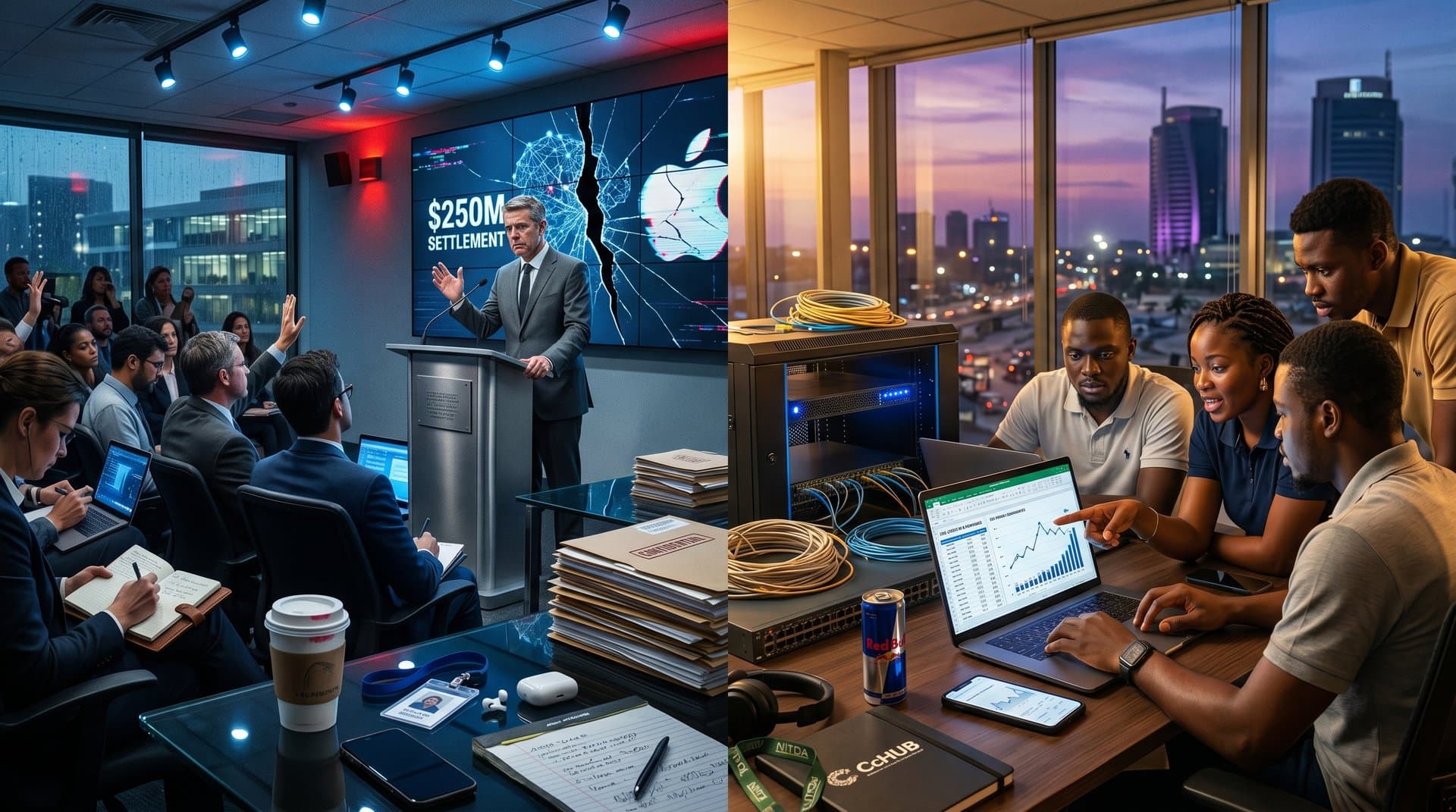 Split scene contrasting Apple's cracked AI hype collapse with resilient Lagos Nigerian tech hub featuring servers, code, and skyline