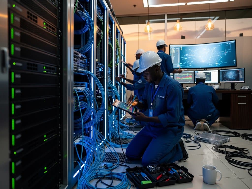 Engineers connect IPv6 fiber cables in Lagos data center amid glowing racks and network monitors