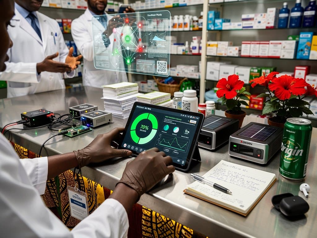 Lagos tech office with AI prescription processing interface amid African innovation vibes