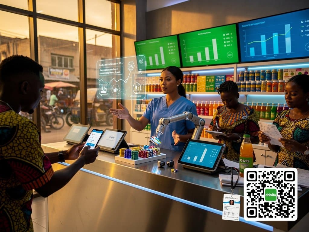 Lagos pharmacy with AI prescription scanning screens and digital fulfillment amid market bustle