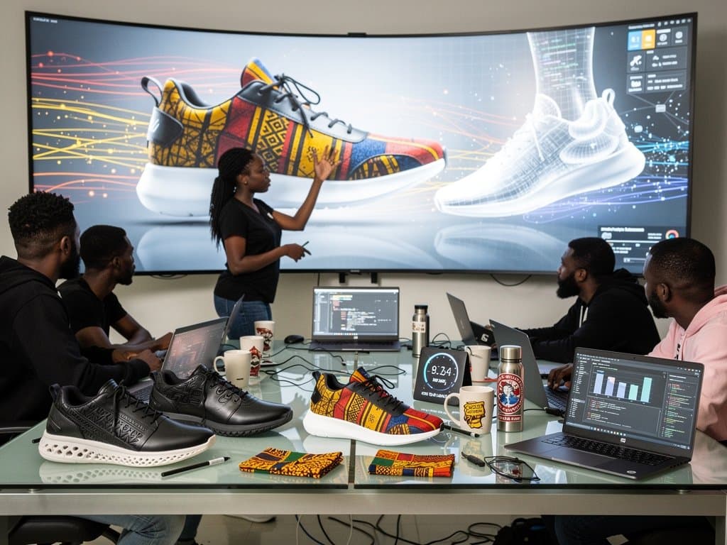 Lagos tech hub displays AI-generated ankara shoe designs amid prototypes and developer workstations