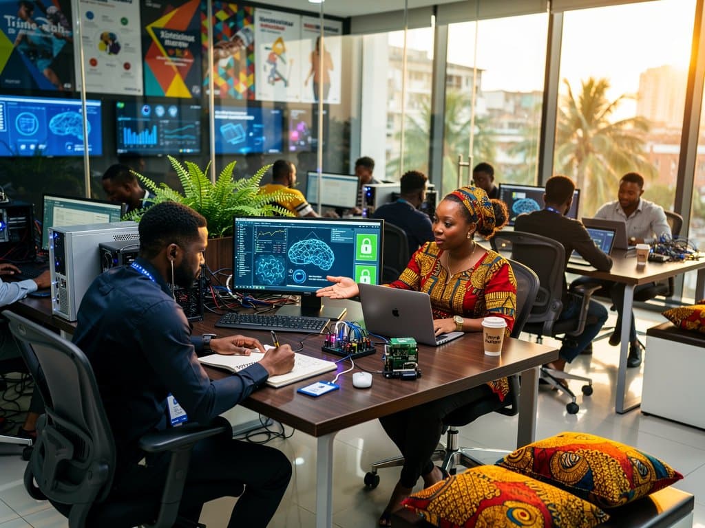 Lagos coworking space with MacBooks showing AI inference graphs and privacy icons amid modern tech setup overlooking city skyline