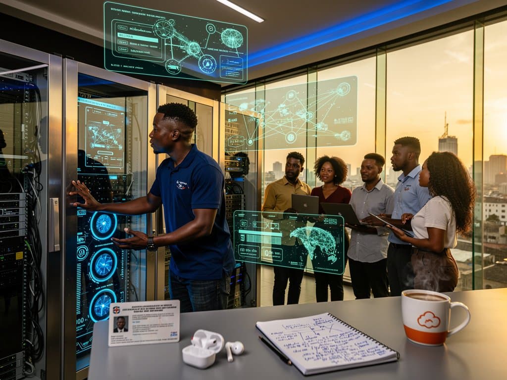 Engineer configures AI edge servers in Nigerian data center with crypto charts and neural network displays