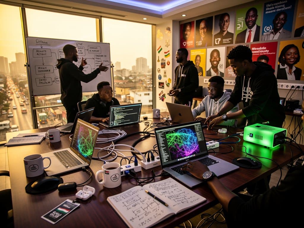 Lagos CcHUB tech hub with MacBooks running Darkbloom private inference, neural networks on screens, collaborative Nigerian startup workspace