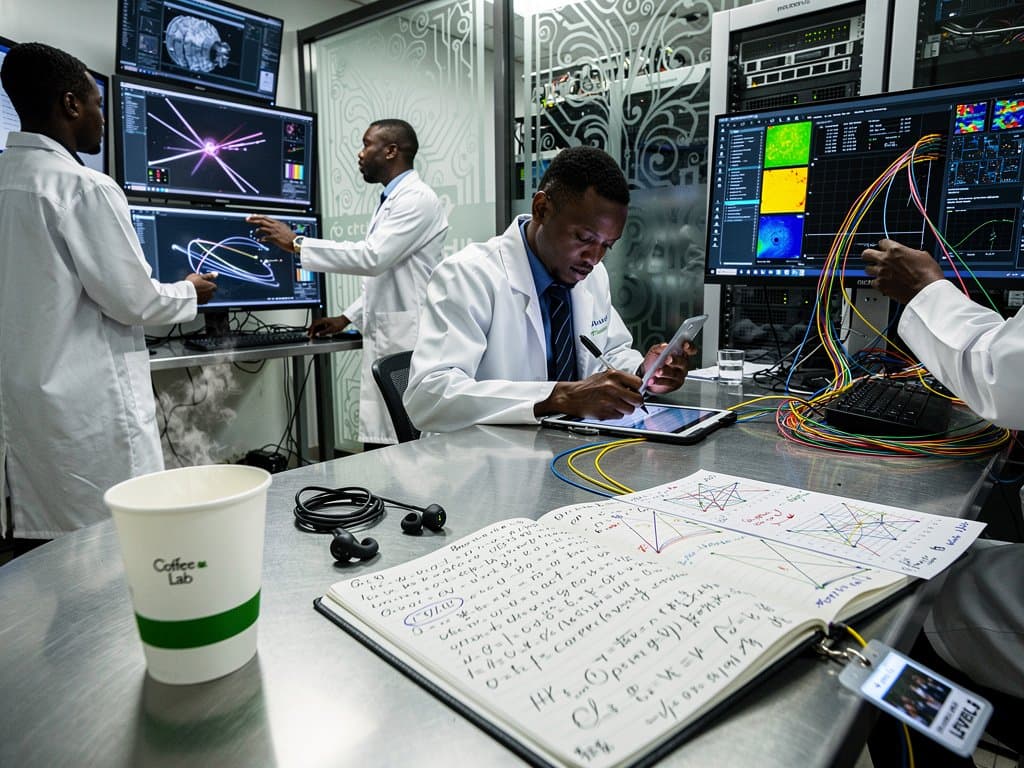 Nigerian lab team analyzes Fermilab particle accelerator AI simulations amid GPU servers and collaborative whiteboards