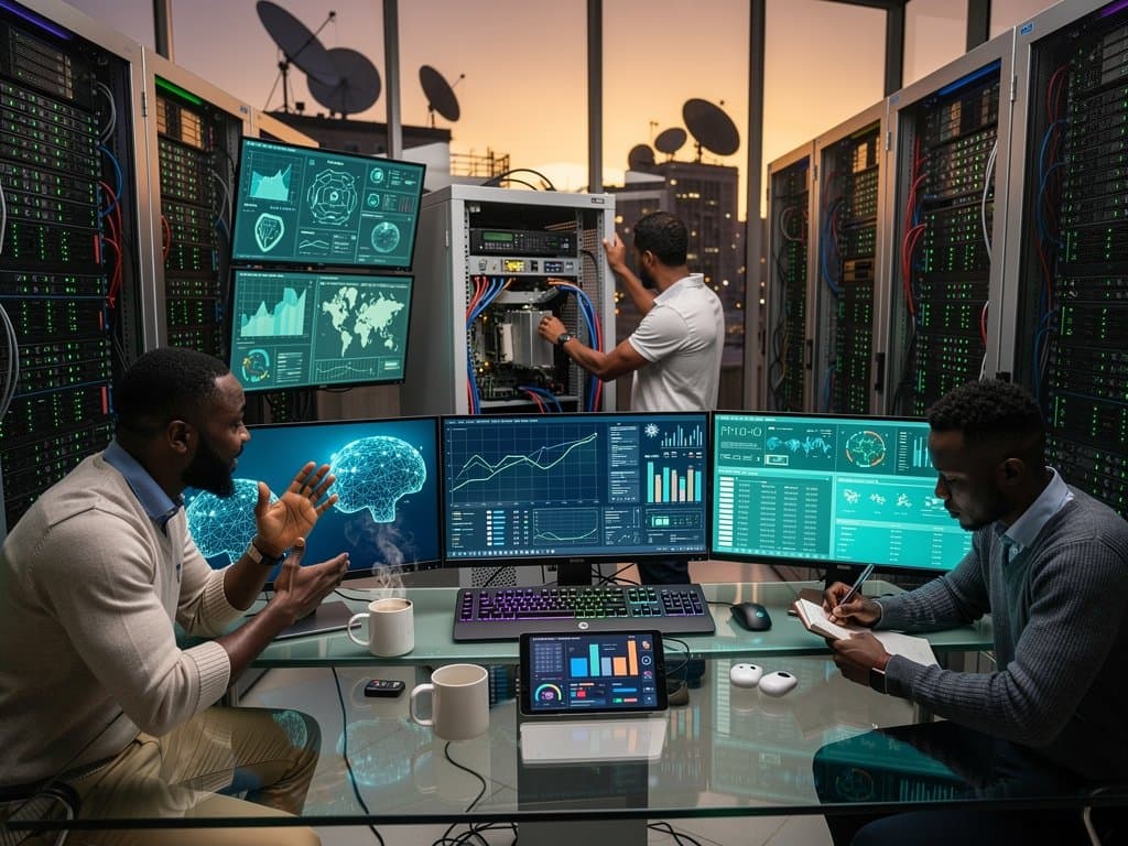 Nigerian cybersecurity team analyzes AI threat dashboards amid server racks in high-tech Lagos data center
