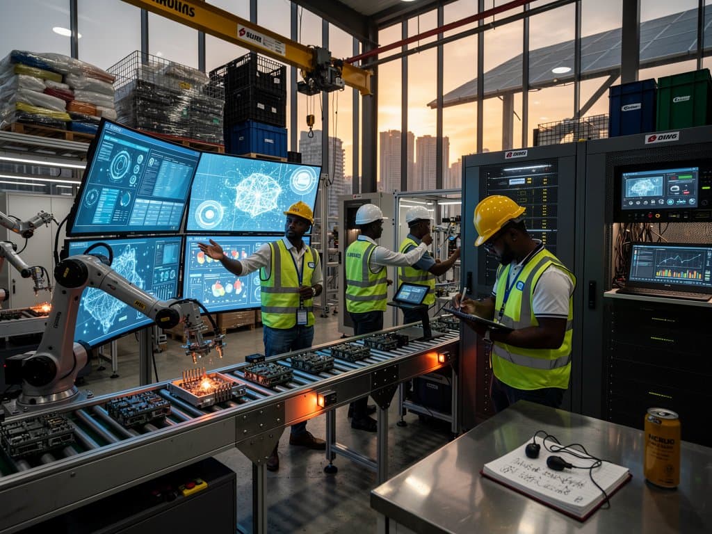 Nigerian engineers monitor AI manufacturing optimizations on screens in Lagos factory with robotic arms and solar panels