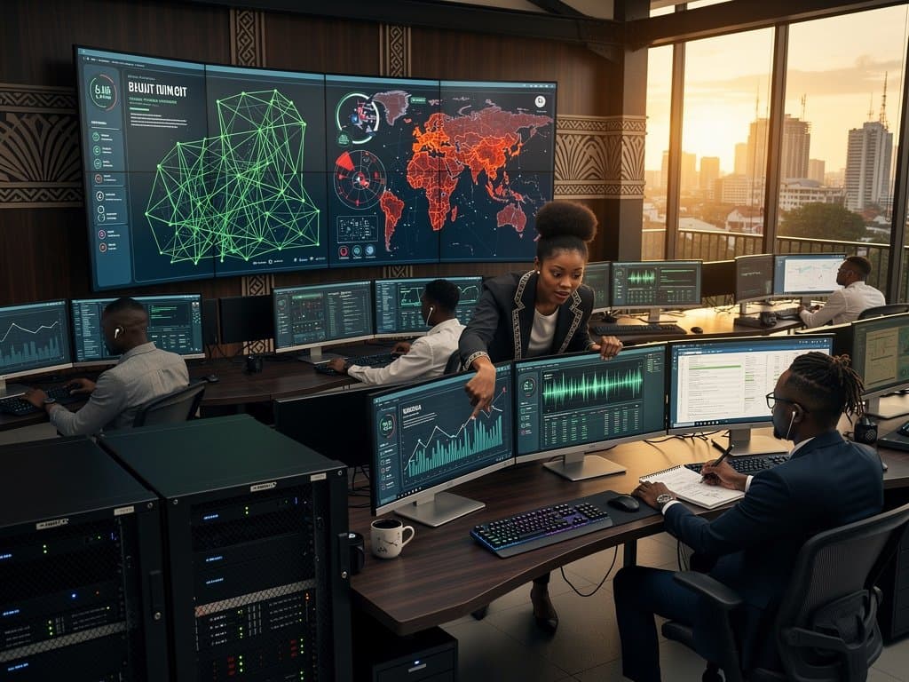 Lagos fintech ops center with AI cybersecurity dashboards, threat heatmaps over Nigeria map, server racks, and holographic projections