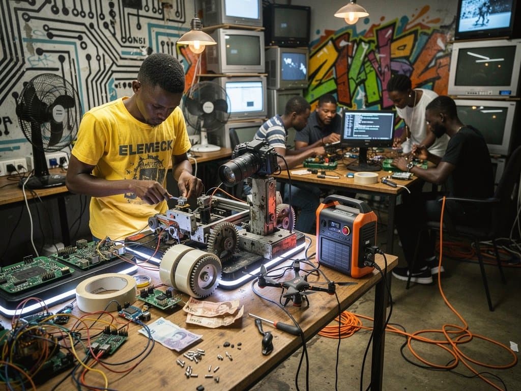 Lagos maker space with duct-tape AI hacker arm, CNC, camera testing hardware amid e-waste and solar chargers
