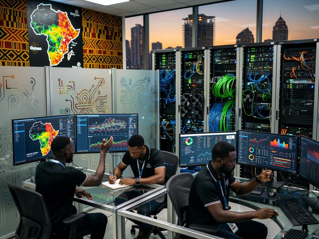 Security analysts monitor AI-driven threat maps in Lagos data center SOC with server racks and skyline view