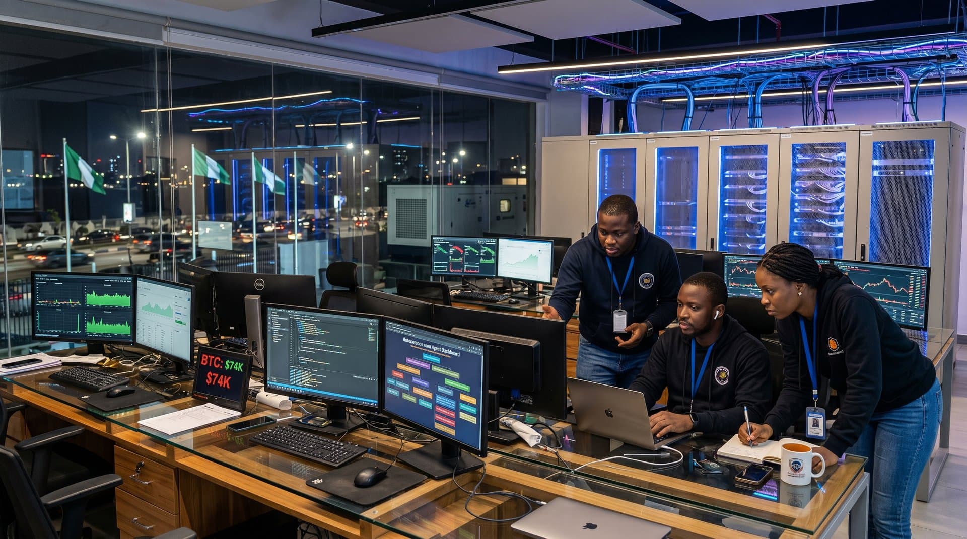 Lagos tech hub Cloudflare PoP with AI inference servers, 50ms latency graphs, $74K BTC crypto charts, and skyline under blue LEDs