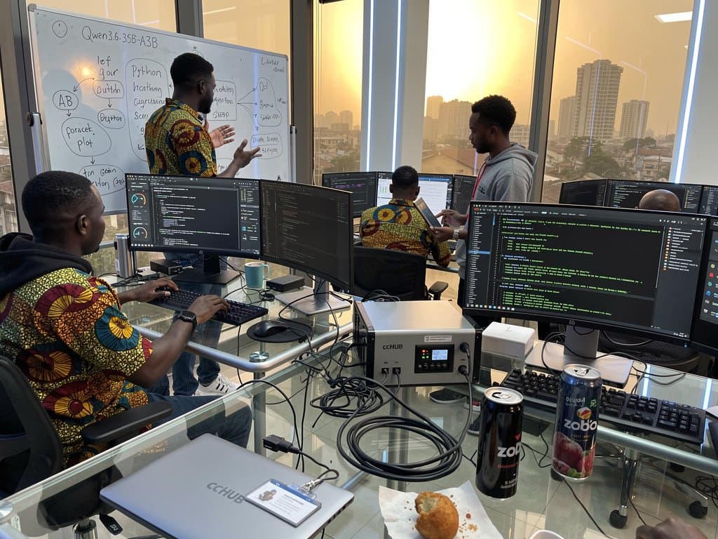 Monitors displaying Qwen3.6-35B-A3B agentic AI code in Lagos tech hub with servers and skyline