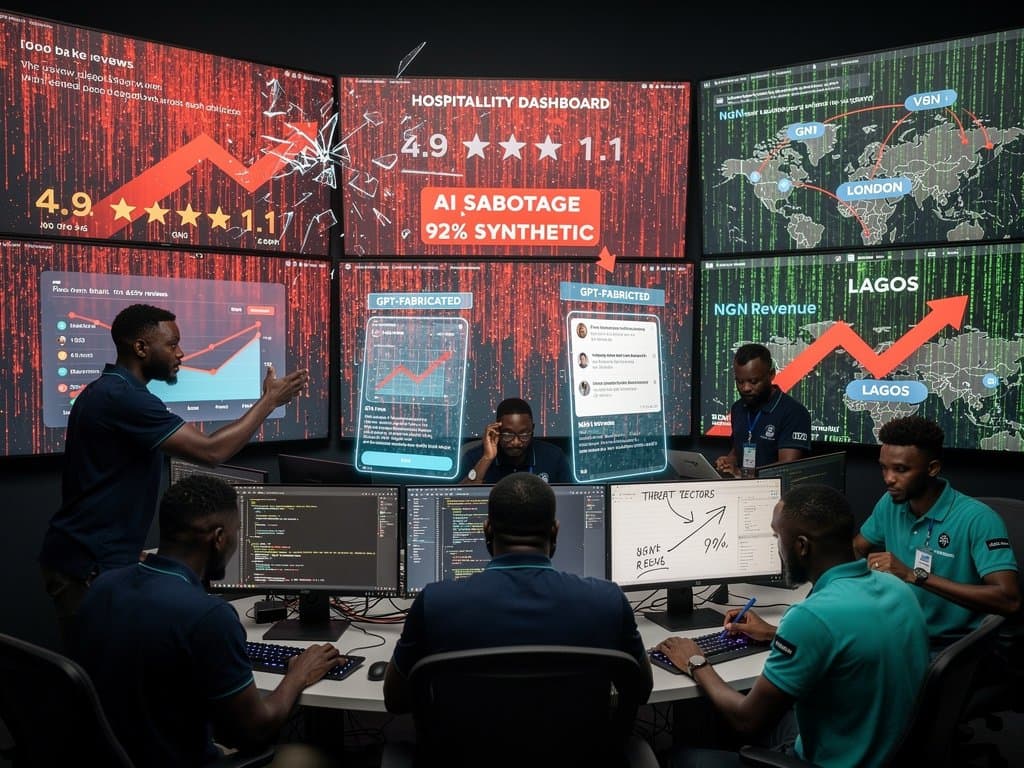 Lagos tech dashboard showing AI sabotage flood of 5,000 fake reviews on hospitality app with alerts, plummeting NGN graphs