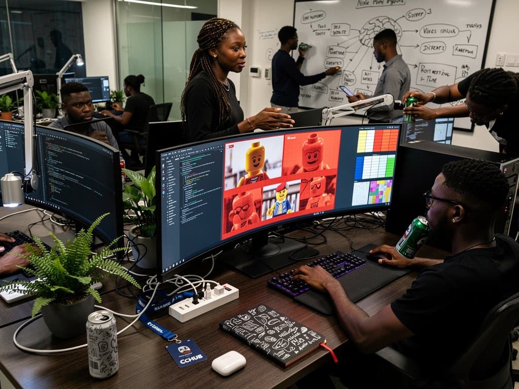 Lagos tech hub analyzes Lego AI propaganda on monitors with detection overlays amid hackathon energy