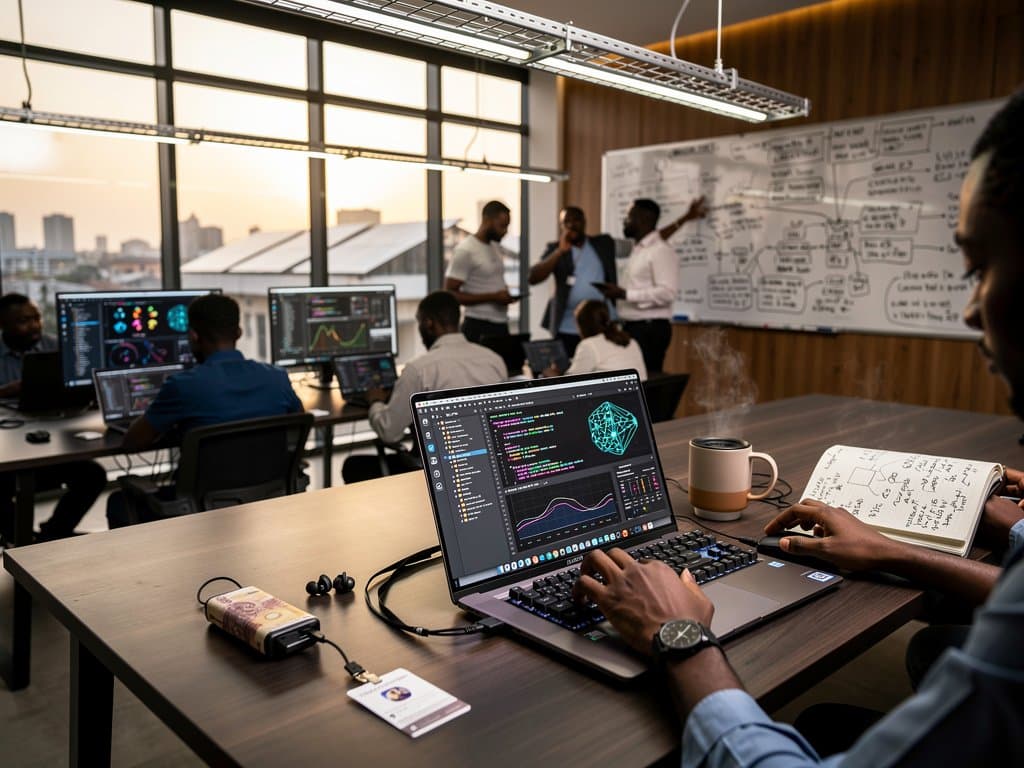 Lagos tech hub desks with laptops showing Qwen3.6-35B-A3B AI code, diagrams, and workflows under modern lighting