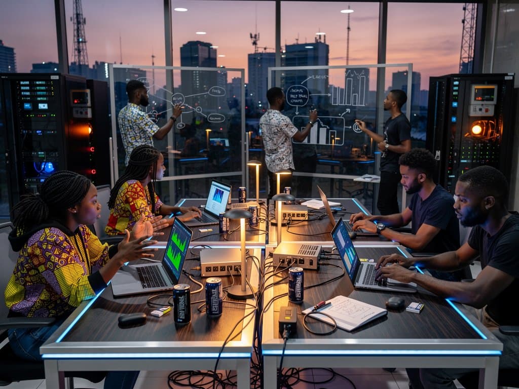 Lagos tech hub with AI neural network screens, code dashboards, server racks, and resilient infrastructure elements