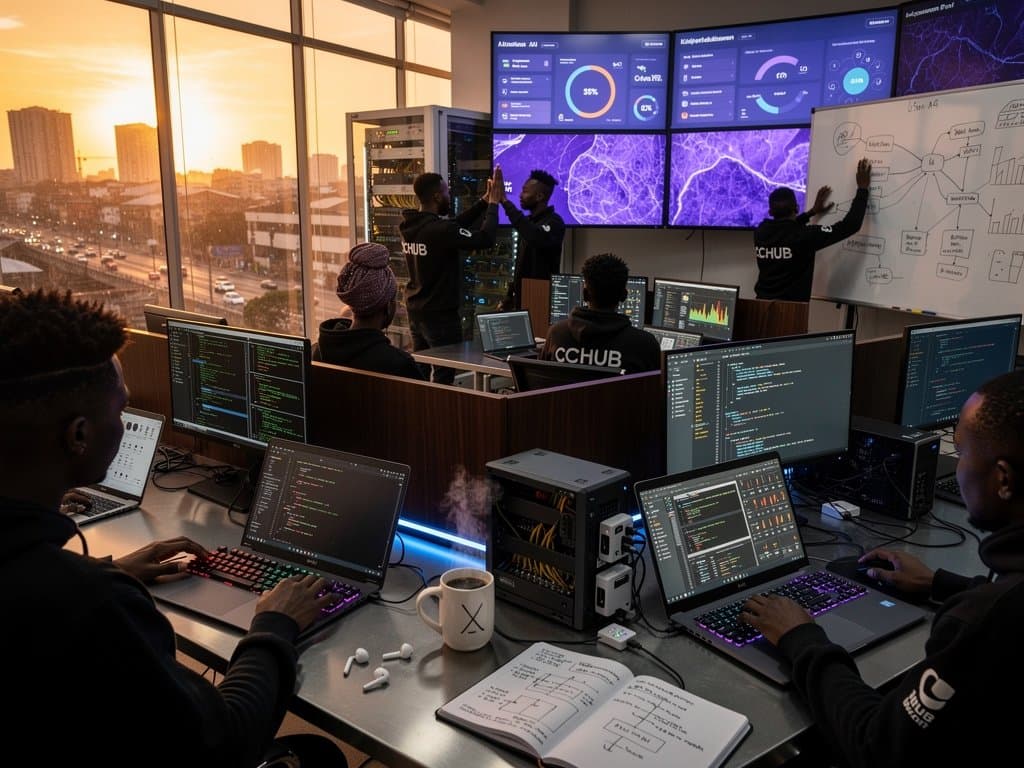 Nigerian developers in Lagos CcHUB space collaborate on Qwen3.6-35B-A3B agentic AI coding for fintech, with GPUs, solar servers, and city views
