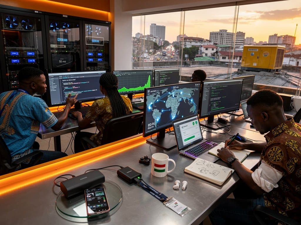 Abstract Lagos tech hub with Cloudflare AI code, latency charts, and edge maps highlighting Nigerian nodes