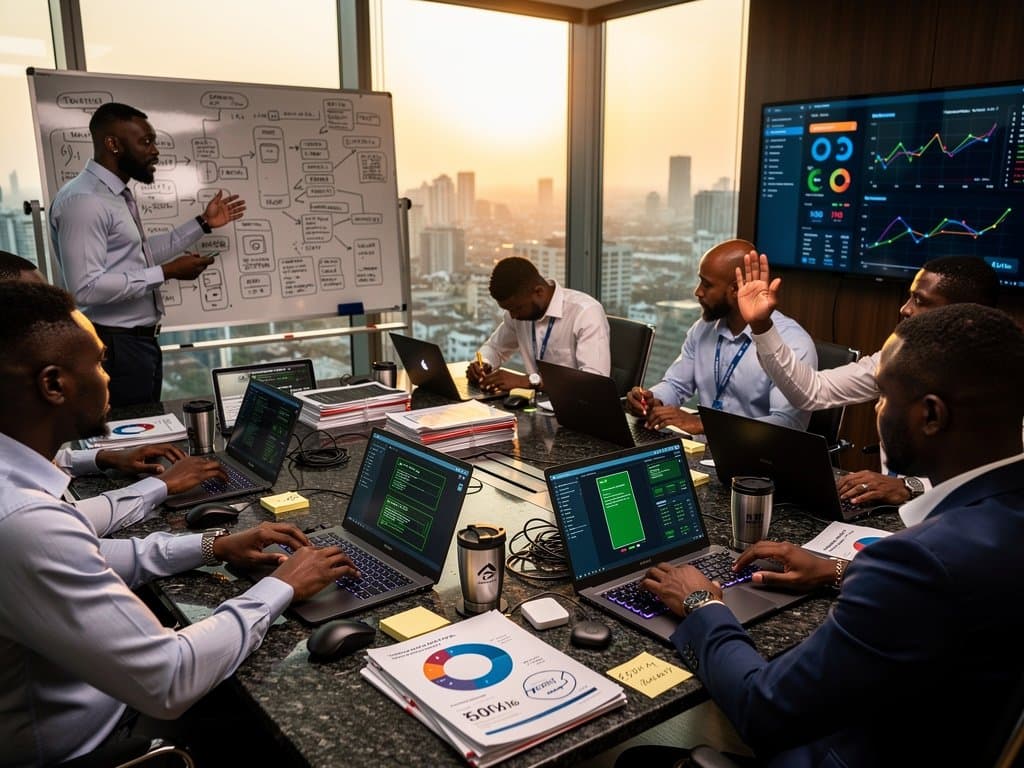 Lagos tech hub table with laptops showing US age verification code, H.R. 8250 documents, and Nigerian fintech compliance diagrams
