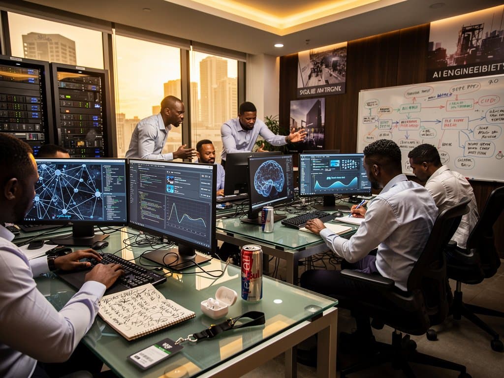 Lagos AI hub with Harness pipelines, claims data, and Nigerian developers in modern workspace