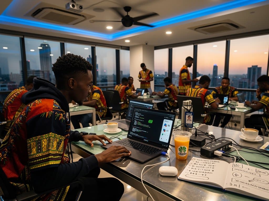 Lagos tech hub with Android CLI terminals, AI speedup graphs, fintech emulators in collaborative space