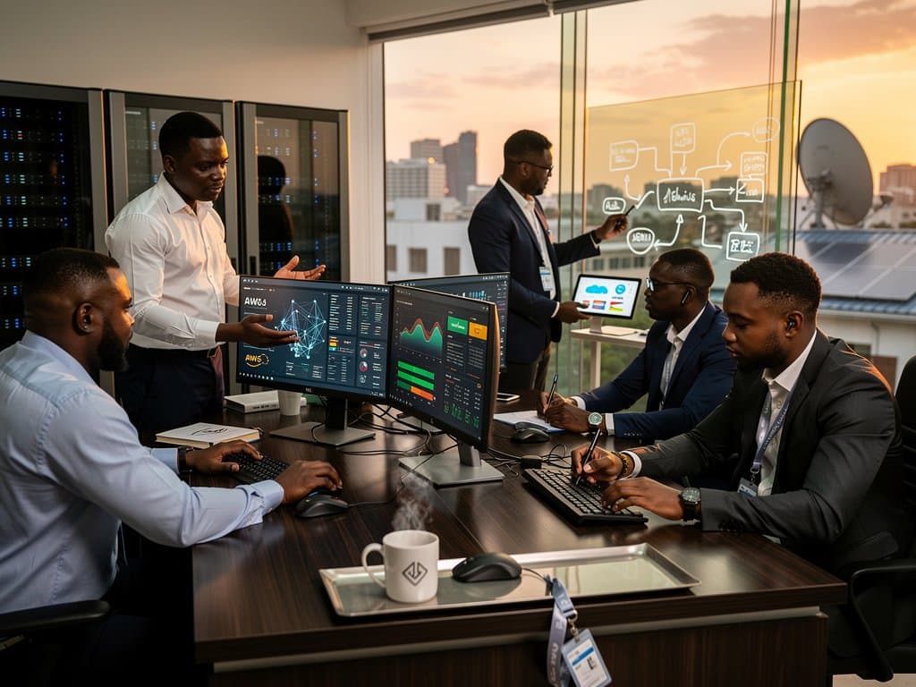 Nigerian civil servants train on cloud AI dashboards in modern Abuja office overlooking skyline with Starlink and solar tech