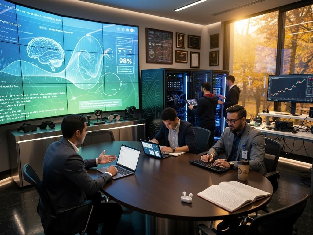 High-tech AI lab screen showing neural networks with conference setup and glowing GPU servers