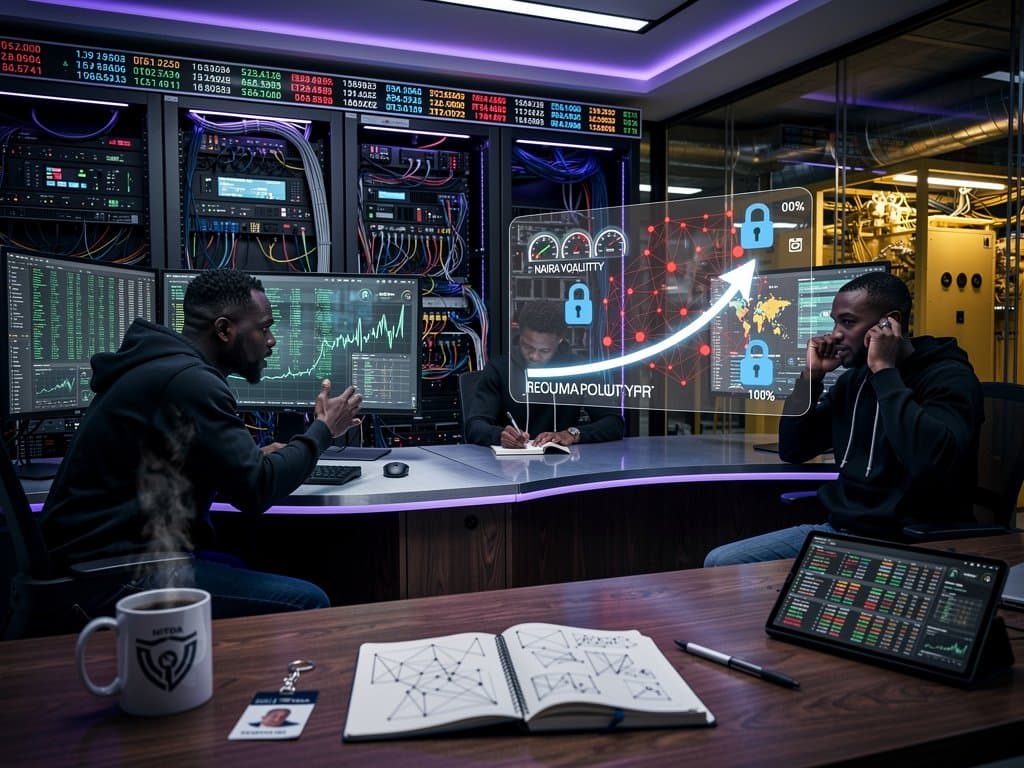 Lagos control room screens display Tether Drift hack recovery data and Solana blockchain under LED lights