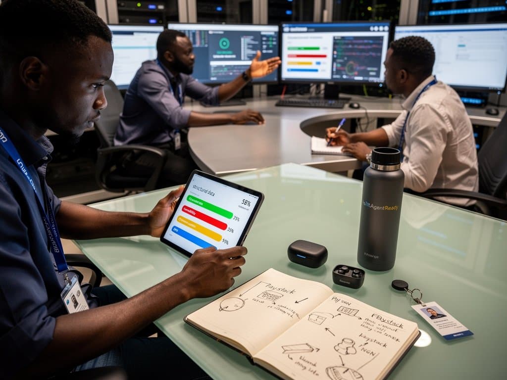 Lagos data center dashboard shows AI agent website scanner results amid server racks