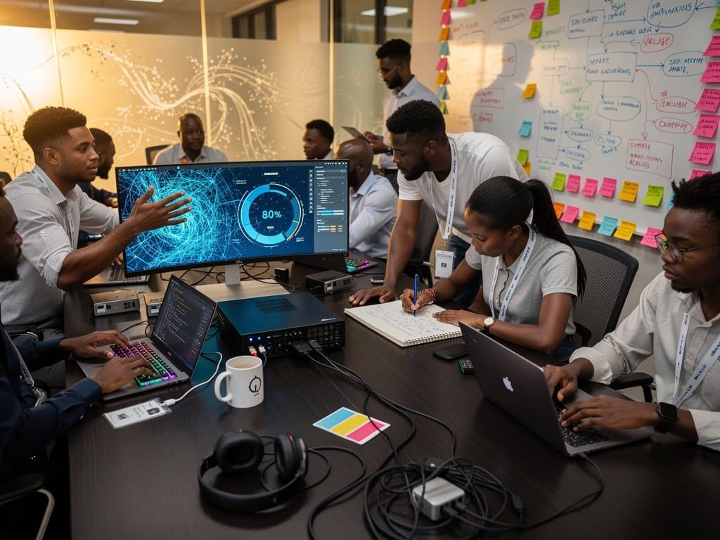 Dynamic Lagos tech office with AI dashboards on monitors, whiteboards with metrics, and collaborative workspaces evoking African innovation