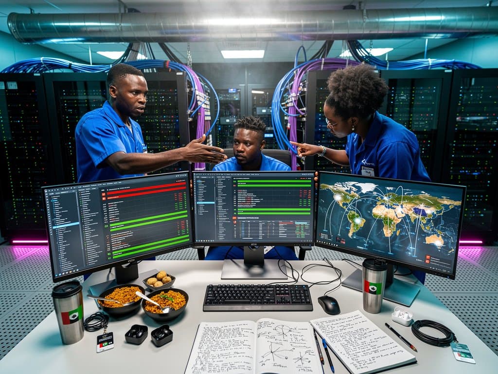 Engineers in Tier IV data center monitor CVE dashboards on multi-screen consoles amid server racks and raised floor tiles