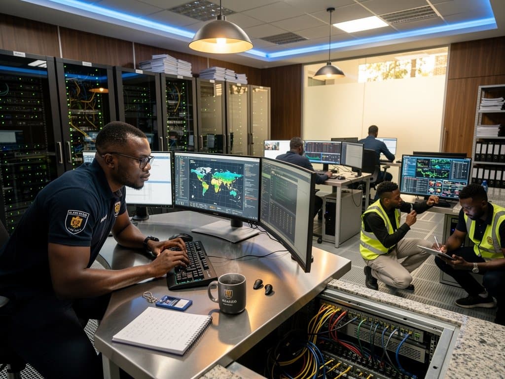 Cybersecurity team monitors NIST CVE feeds and vulnerability data in Lagos data center operations center with server racks and LED lighting