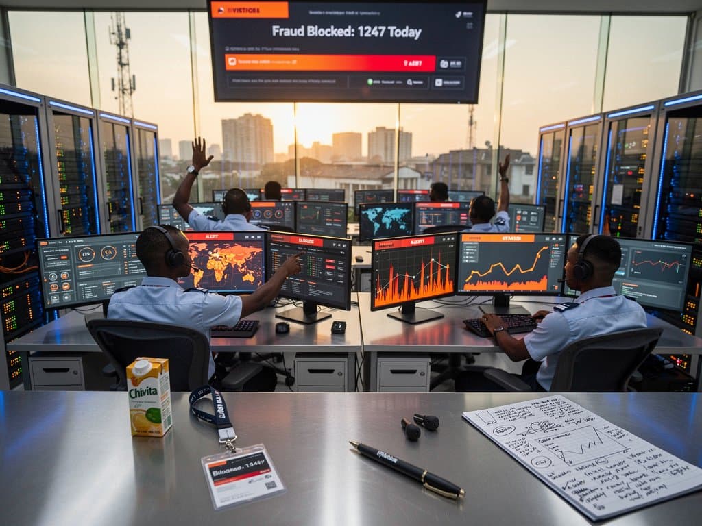 Cybersecurity team analyzes geolocation threat maps on multi-monitors in Lagos Tier IV data center SOC