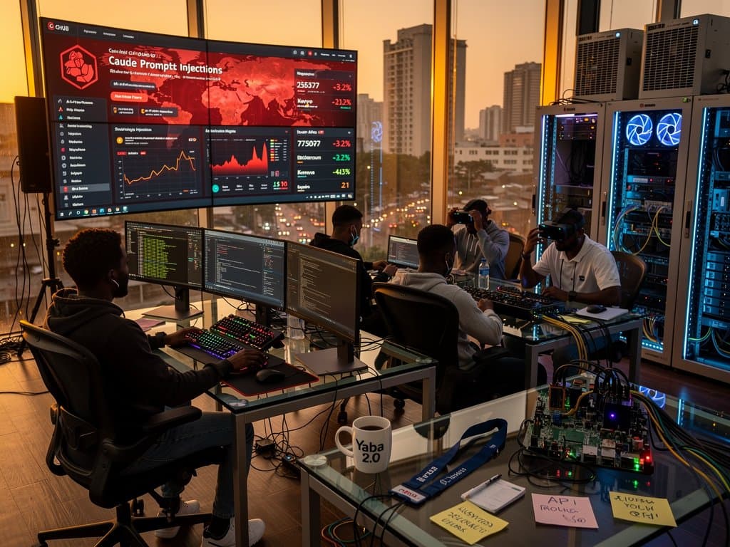 AI security team in Lagos hub monitors dashboards for hacking threats amid server racks and city skyline