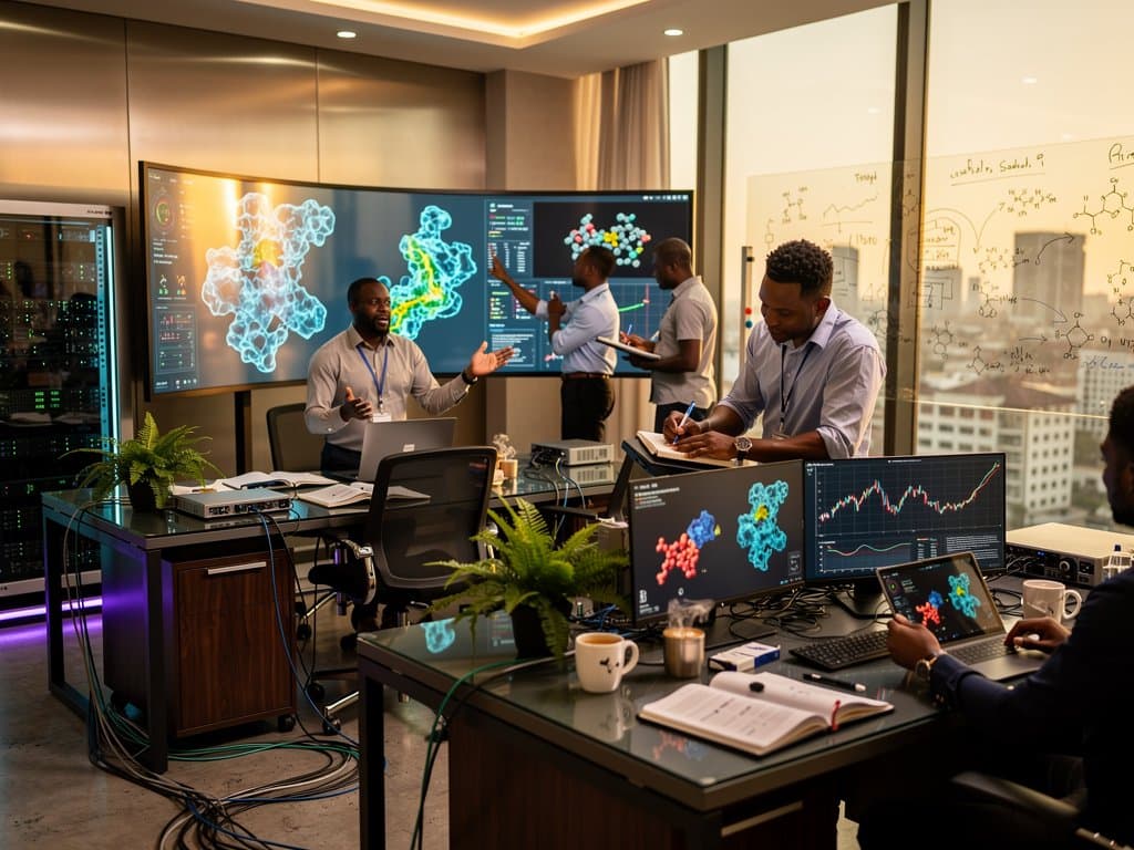 Lagos tech hub displays GPT-Rosalind biotech AI molecular models amid Nigerian innovator workspace