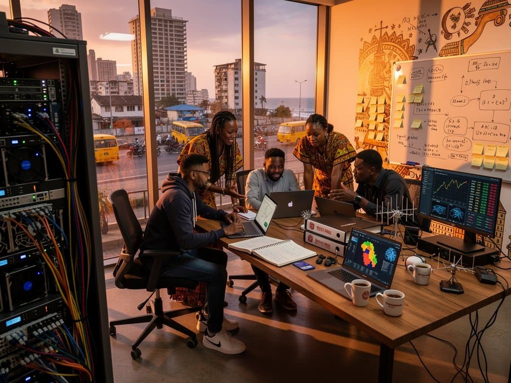Lagos tech hub developers collaborating on W&M AI network cloud projects amid servers and Nigerian skyline
