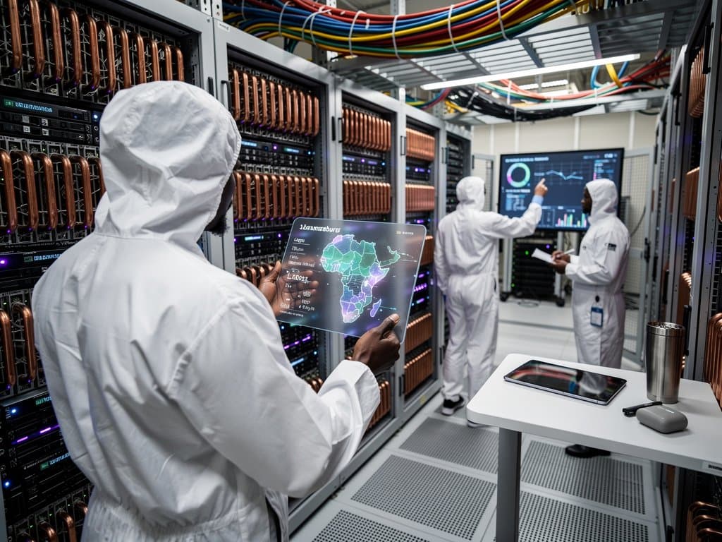 Engineer monitors latency maps in Johannesburg hyperscaler data center with server racks and dashboards
