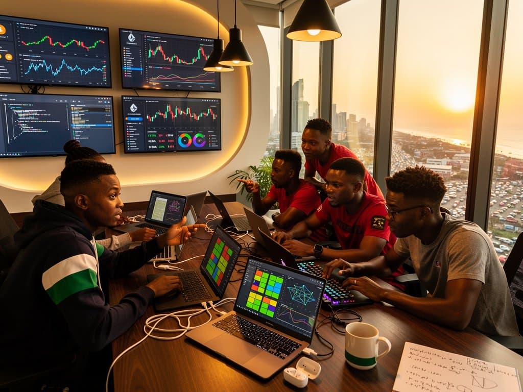 AI lab in Lagos CcHUB with neural network monitors, walnut tables, skyline view, server racks